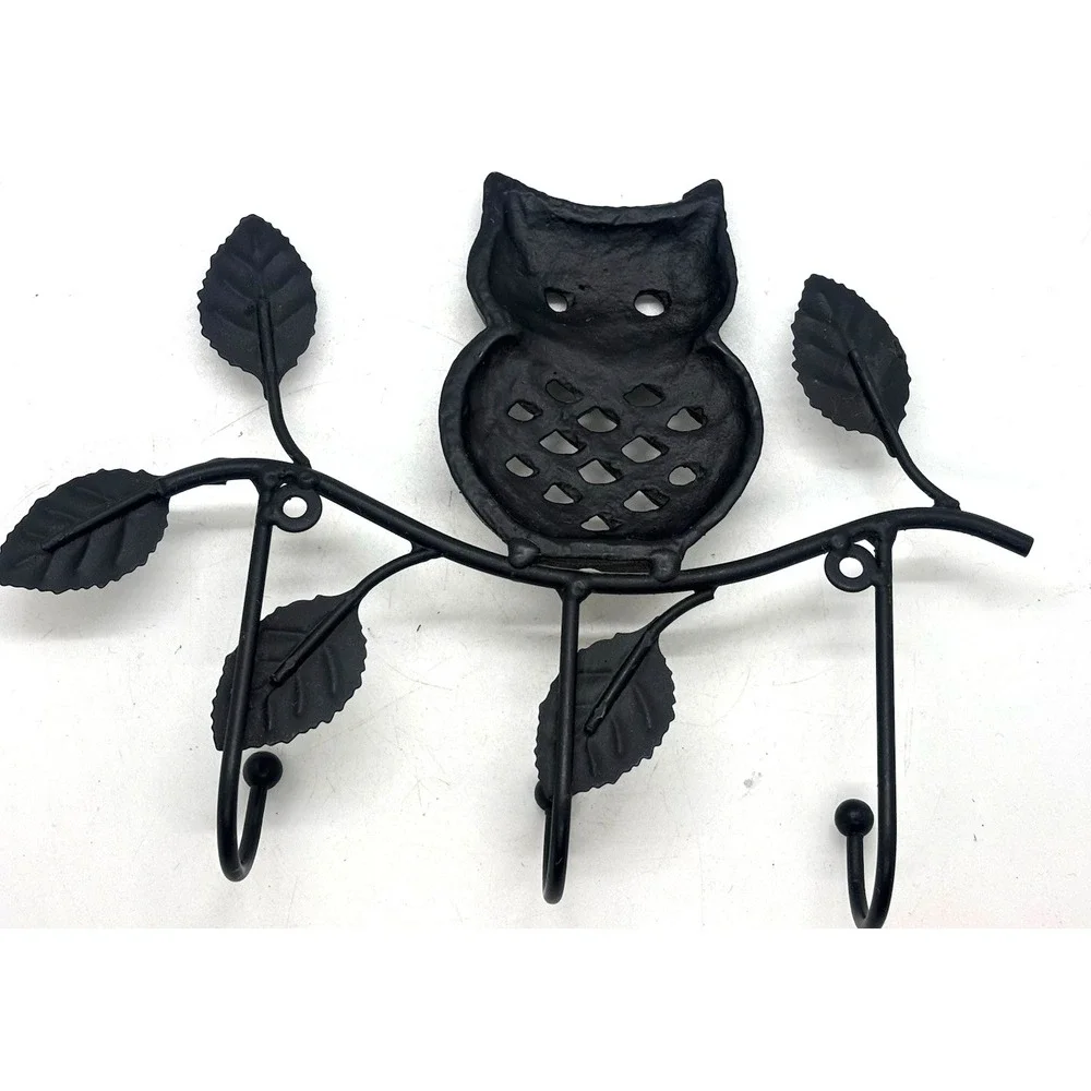 Cast Iron Owl on Metal Branch 3 Hook Wall Hanger for Towels Keys Hats Coats